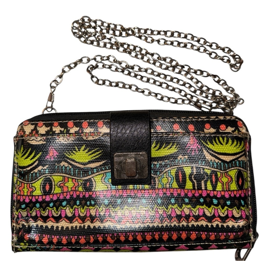 Sakroots Black Neon Colorful Print Smart Phone Zip Wallet Crossbody Chain Strap